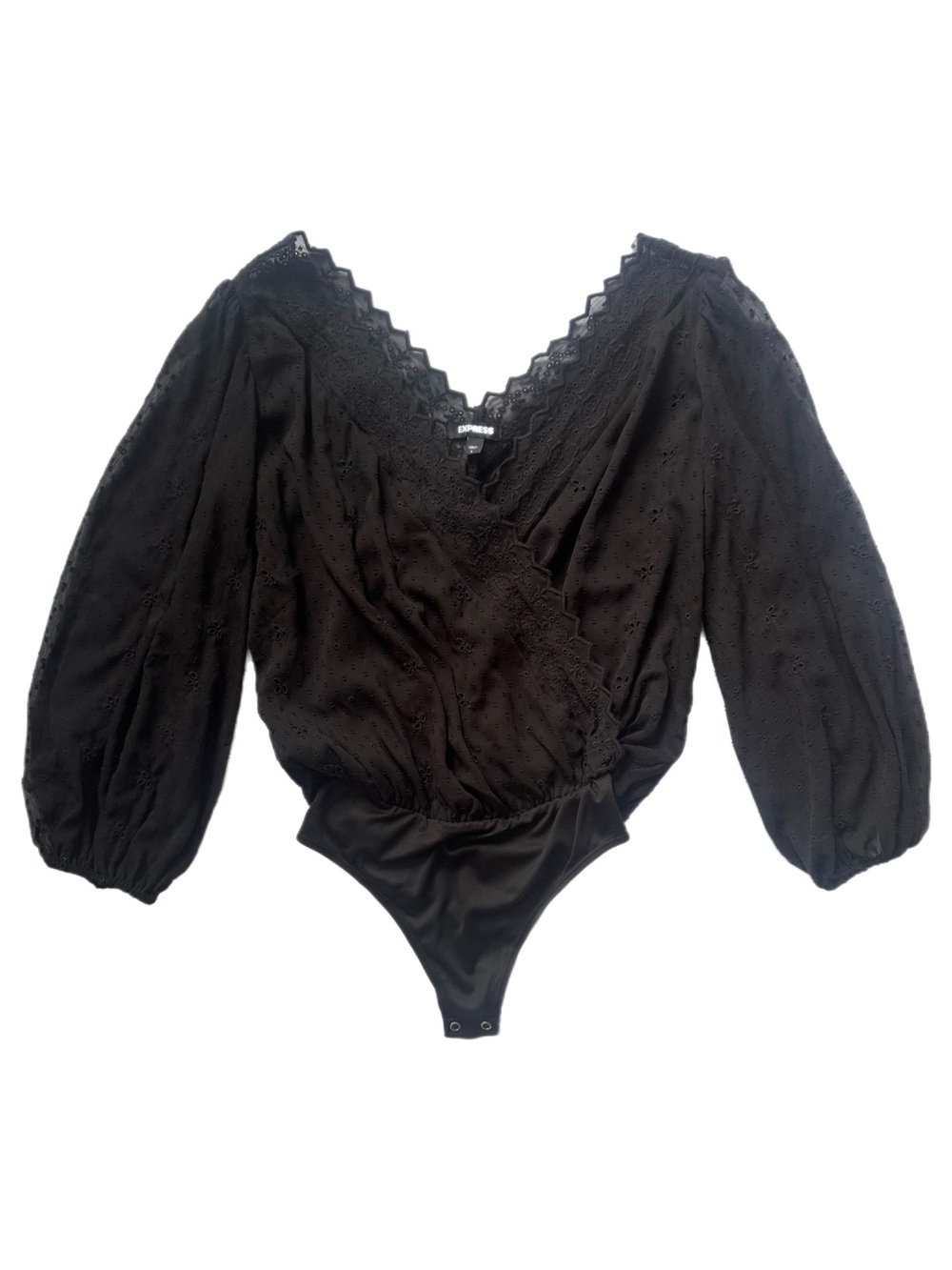 Express Black Lace Trim Balloon Sleeves Bodysuit Top